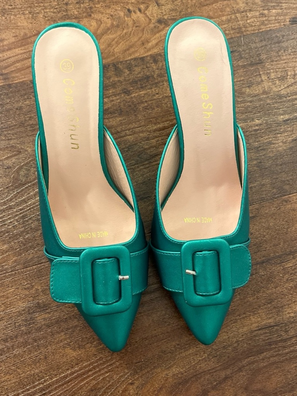 Kelly Green/Teal Kitten Heel Mules With Buckle Detail